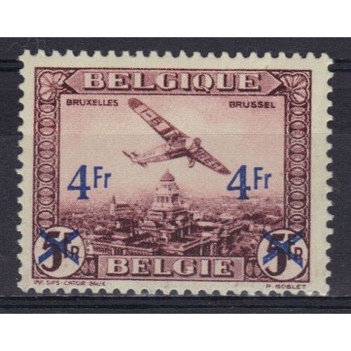 Belgique 1935 Poste Aerienne : Avion Survolant Des Panoramas Divers - Timbre 4 F. Sur 5 F. Brun-Rouge Neuf * Surchargé Cote 10 