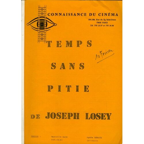 Temps Sans Pitié, Dossier De Presse, De Joseph Losey, Avec Michael Redgrave, Ann Todd, Leo Mckern