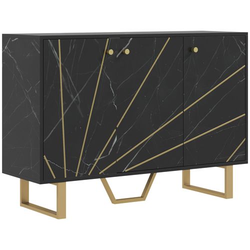 Buffet Design - 3 Portes, 2 Étagères - Métal Doré Aspect Marbre Noir