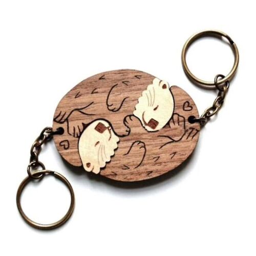 2pcs Loutres Mignonnes Couple Porte-Clés En Bois-Porte-Clés Matching Puzzles Porte-Clé-Zzy