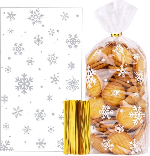 100pcs Noël Cellophane Sacs - flocon de neige Cellophane Sacs Pour Biscuit Sucré Chocolat Fond Plat Clair Fête De Noël Traiter Sacs Avec Twist Ties C