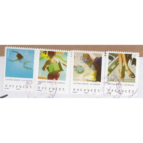 4 Timbres Oblitérés France Lettre Verte 20g - Série Photographies De Vacances Par J. Du Sordet - 2019 ,Sur Fragment Envel. Carton