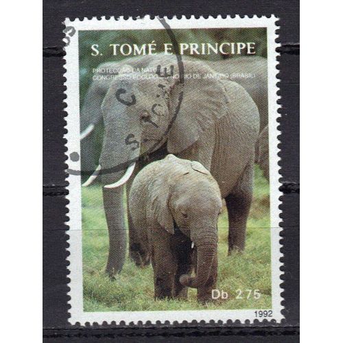 Saint-Thomas Et Prince 1992 Poste Aerienne : Protection De La Nature : Eléphant Et Son Petit - Timbre Oblitéré