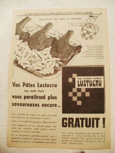 Publicité Ancienne (12/57) Pour Les Pâtes Lustucru Aux Oeufs Frais Avec Son Livret De Recette Contre 10 Points Per'lustucru À Lustucru Recette, 89 Rue Abbé Gregoire À Grenoble