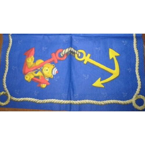 2 Serviettes En Papier Ours En Peluche Nounours Ancre Corde Mer Bleu Marine Format 33x33 Cm