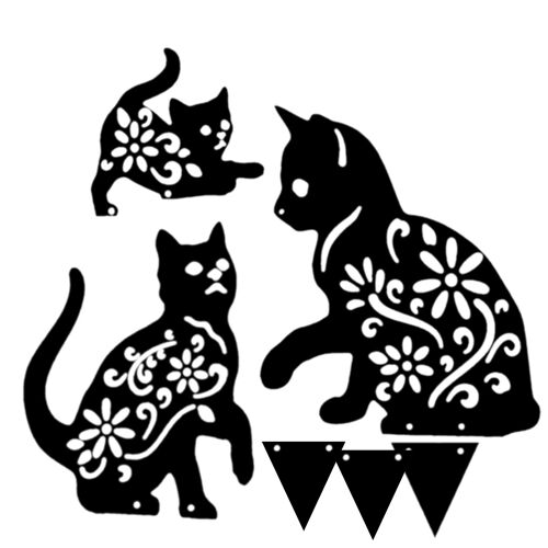 Cat Yard Art Jardin Statues Métalliques Déco, 3 Pièces Chat Évider Silhouette Forme Animale Pieu Décorations, Noir