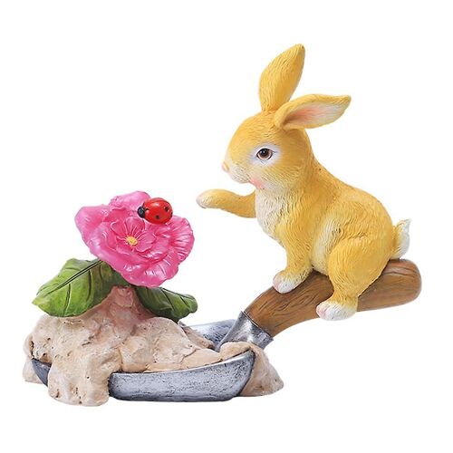 Cartoon Bunny Statue Solar Light Cute Animal Resin Sitting Shovel White Rabbit Figure Sculpture Lamp Art Handicraft