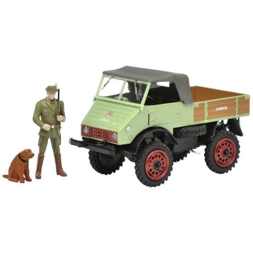 Jouet Miniature - Schuco - Unimog U401 - Blanc - Figurine De Chasseur Et De Chiens - Extérieur
