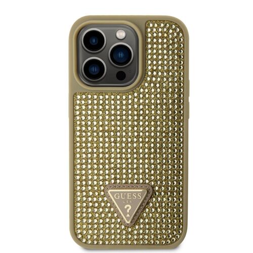 Guess Coque Strass Triangle Métal Logo Iphone 14 Pro Doré