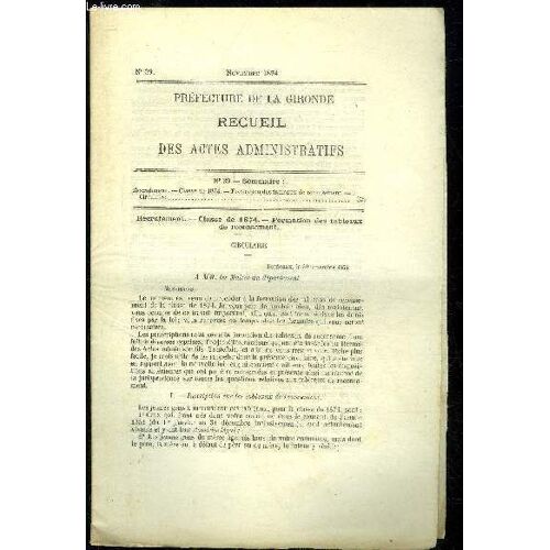 Prefecture De La Gironde Recueil Des Actes Administratifs N° 39 - Recrutement Classe De 1874 Formation Des Tableaux De Recensement Circulaire