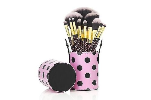 12 Make Up Brushes Cup Sets - 2 Couleurs Polka Dot Pink Synthetic Hair Gold Aluminium Ferrule Natural Wood Handle Leather Cup