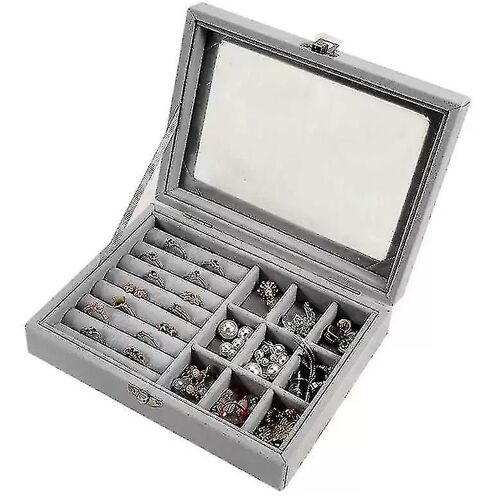 Boîte à bijoux, organisateur de bijoux à 9 grilles, coffre à bijoux floqué avec couvercle transparent, rangement de bijoux, plateau d'affichage de bijoux, collier d'oreilles Studs Ri