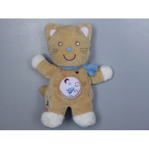 Doudou Chat Beige, Écharpe Bleue, Broderie Oiseau, Hochet, Bruissant, Pommette
