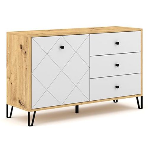 Buffet 1 Porte 3 Tiroirs 123,4x40x75,2 Cm Décor Chêne Et Blanc