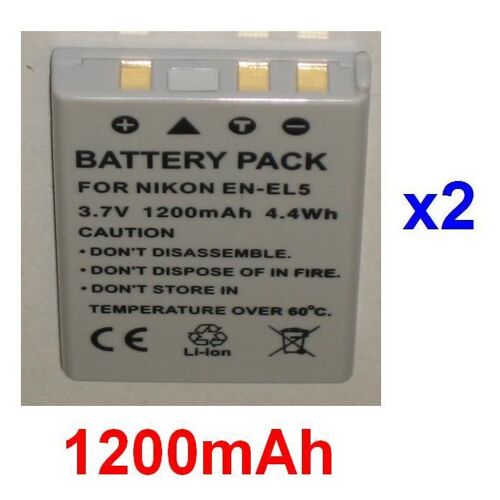 Pack de 2 Batteries Pour NIKON ENEL5 EN-EL5, Coolpix 3700, Coolpix 4200, Coolpix 5200, Coolpix 5900, Coolpix 7900, Coolpix P3, Coolpix P4, COOLPIX P5000, Coolpix S10 **1200mAh**