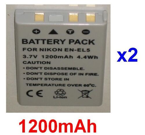 Pack de 2 Batteries Pour NIKON ENEL5 EN-EL5, Coolpix 3700, Coolpix 4200, Coolpix 5200, Coolpix 5900, Coolpix 7900, Coolpix P3, Coolpix P4, COOLPIX P5000, Coolpix S10 **1200mAh**