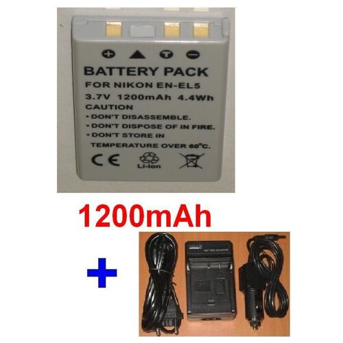 Chargeur + Batterie Pour NIKON ENEL5 EN-EL5, Coolpix 3700, Coolpix 4200, Coolpix 5200, Coolpix 5900, Coolpix 7900, Coolpix P3, Coolpix P4, COOLPIX P5000, Coolpix S10 **1200mAh**