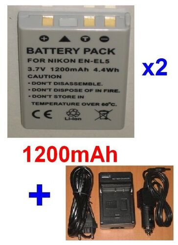 Chargeur + Pack de 2 Batteries Pour NIKON ENEL5 EN-EL5, Coolpix 3700, Coolpix 4200, Coolpix 5200, Coolpix 5900, Coolpix 7900, Coolpix P3, Coolpix P4, COOLPIX P5000, Coolpix S10 **1200mAh**