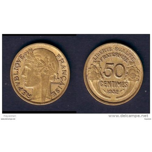 France = Pièce De Monnaie De 50 Centimes De Franc, Type Morlon, En Bronze - Aluminium, Année 1932, Variété " 9 " Et " 2 " Fermé ( Peu Courant )