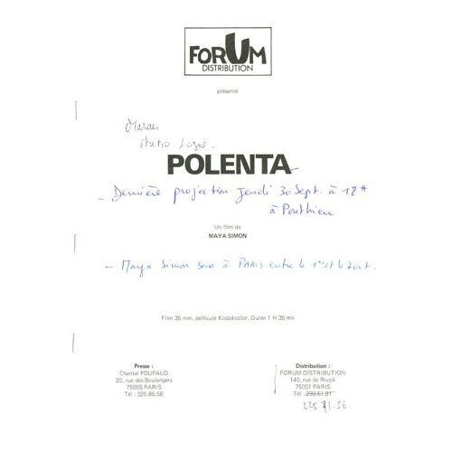 Polenta, Dossier De Presse, Réalisé Par Maya Simon, Avec Bruno Ganz, Jean-Marc Stehlé, Aude Eggimann