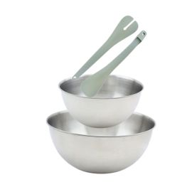 Fackelmann 28661 Set De 2 Saladiers En Inox Et Couverts À Salade Clipsables, Bol À Mixer En Inox, Bol À Mélanger, Cuillère À Salade, Acier Inoxydable, Plastique, Vert Pâle, 25 Cm