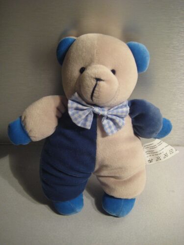 Doudou Hochet Ours "Pouet Pouet" Bleu Marron Ruban Vichy 23 Cm