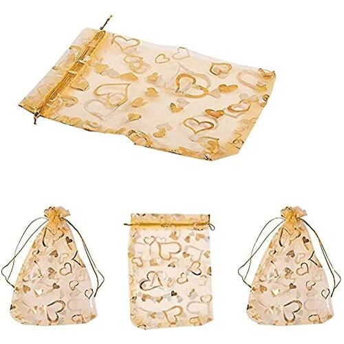 50pcs Organza Jewelry Pouches, Gold Heart Print Organza Bags Gift Pouches With Drawstring 9x12cm Perfect For Wedding, Christmas, Birthday, Anniversary