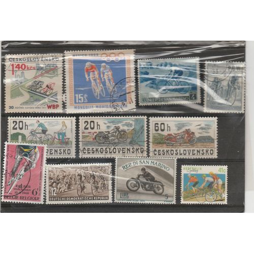 11 Timbres Oblitérés - Cyclistes Et Motocycles De Divers Pays