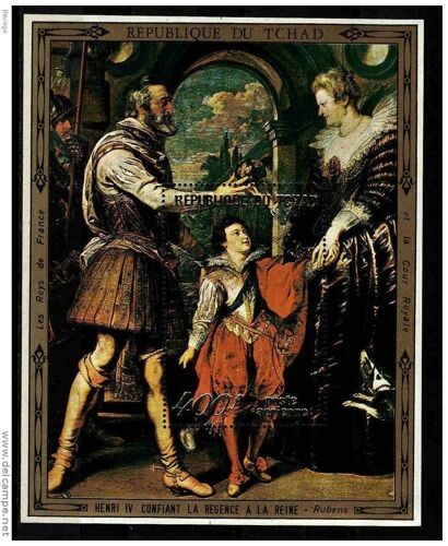 Bloc Philatélique De La République Du Tchad, Poste Aérienne, 400 Francs, Série Les Rois De France Et La Cour Royale : Henry I V Confiant La Régence À La Reine  - Rubens