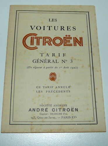 Les Voitures Citroën, Tarif Général N°3 Du 1 Août 1925