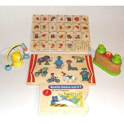 Jouet En Bois D'éveil Lot 5 Amusements Abecedaire Alphabet Puzzle Boulier Sautoir Livre Djeco Sas Roldan