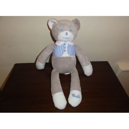 Doudou Ours Gris Gilet Raye Bleu Musti De Mustela