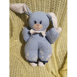 Doudou Tissu Lapin Bleu Brodé Fleurs Blanc Collerette Dentelle Mundia Vintage