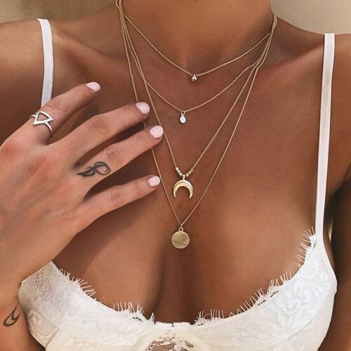 Collier À Multicouches Avec Pendentif En Forme De Lune, Chaîne Long En Or, Bijoux À La Mode, Nouvel Arrivage