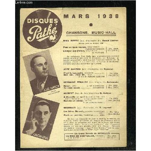 Plaquette. Disques Pathe Mars 1938. Chansosn Music Hall.