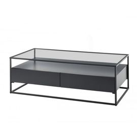 Table Basse Design 120 Cm Edmonton Noir Piètement Métal Noir 2 Tiroirs