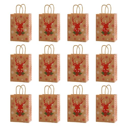 12Pcs Christmas Gift Handbag with Handle Thick Heavy Duty Kraft Paper Elk Sleigh Tree Hat Pattern Reusable Grocery Treat Candy Party Favor Present Pac