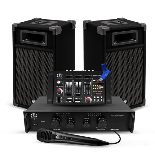 Kit Sonorisation 300W Bm Sonic BMS-DJ300-USB-BT Enceintes Ampli Table de Mixage Bluetooth USB, Microphone Câblages+Clé USB 32G