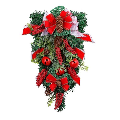 Christmas Teardrop Swag Decoration Stairway Swag Trim Wreath with Artificial Cones Bells Ribbon Bow for Front Door Stair Wall Lintel Window Decor