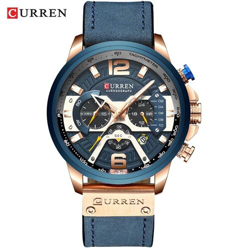 Montre-Bracelet En Cuir Pour Hommes, Sport Chronographe Avec Date Rose Blue