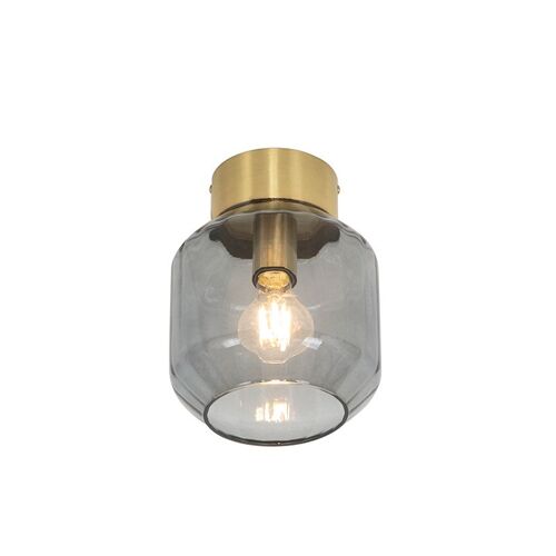 Qazqa Moderne Plafonnier Moderne En Laiton Avec Verre Fumé - Stiklo /Acier Doré/Laiton Rond / Luminaire / Lumiere / Éclairage / Intérieur / Salon / Cuisine E27 Max. 1 X 25 Watt