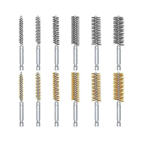12pcs Steel Bore Wire Brush Twisted Wire Stainless Steel Cleaning Brush With Handle 1/4 Inch Hex For Pipe Hole