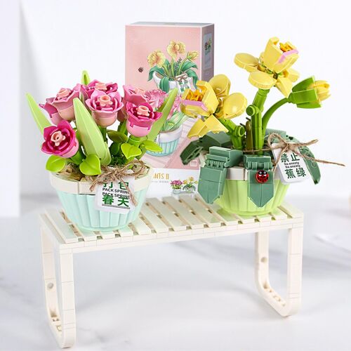 Ensemble De Mini Blocs De Construction Pour Bonsaï, 2 En 1 - Simulation De Particules De Fleur Succulente - Collection Botanique (Printemps)