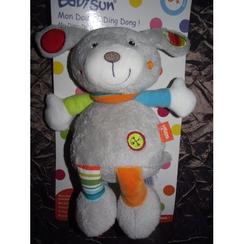 Doudou Peluche Ding Dong Lapin Chien Babysun Baby Sun Gris Bleu Vert Rouge Orange Multicolore Grelot 24 Cm