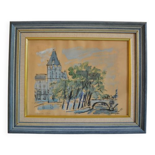 Paris le quai des orfvres et le pont saint michel peinture encadre sous verre blanc