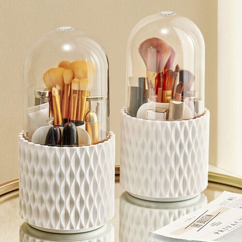 Makeup Brush Box With Dustproof Cover Visible 360 Degree Rotation Dresser Table Makeup Brush 5 Grids Storage Box Home Supplies Kaesi