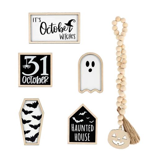 6Pcs Halloween Ornaments Ghost Bat Pumpkin Tiered Tray Decor Wooden Tabletop Centerpiece for Home Shelf Halloween Decor