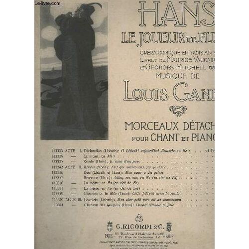 Hans, Le Joueur De Flute - Acte 2 : Mon Coeur A Des Peines - Piano Et Chant - N°113336.