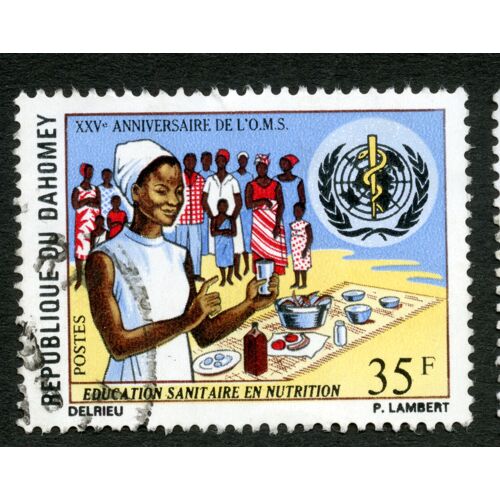 Timbre Oblitéré République Du Dahomay, Postes, Éducation Sanitaire En Nutrition, Xxve Anniversaire De L'o.M.S., 35 F,