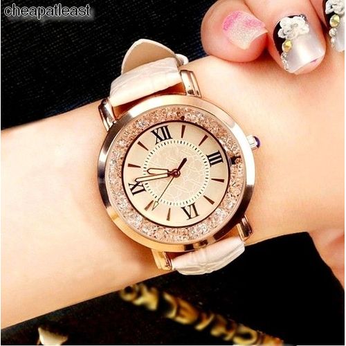 Jolie Montre Bijou Bracelet Simili Cuir Façon Croco - Boitier Doré Ø 3,9 Cm Couleur Or Avec Cristaux Mobiles - Expédiée De France